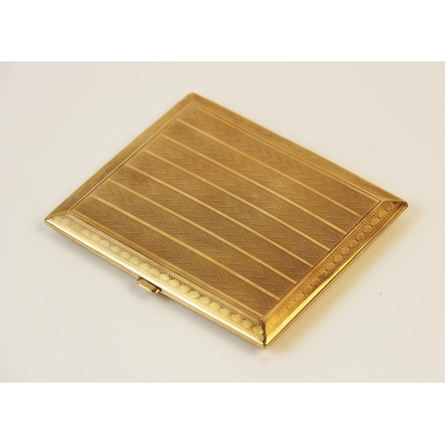 186 - An Art Deco 9ct gold cigarette case, of rectangular form with engine turned decoration to exterior a... 