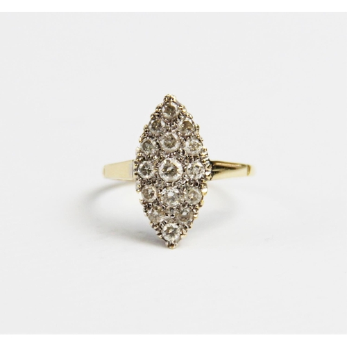 193 - A diamond and 18ct gold marquise cluster ring, comprising fifteen round brilliant cut diamonds, milg... 