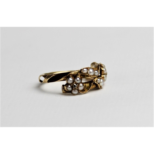 236 - A 19th century diamond and pearl Victorian memorial ring, designed as two interwoven flowers each se... 