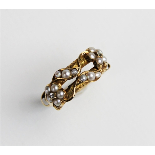 236 - A 19th century diamond and pearl Victorian memorial ring, designed as two interwoven flowers each se... 