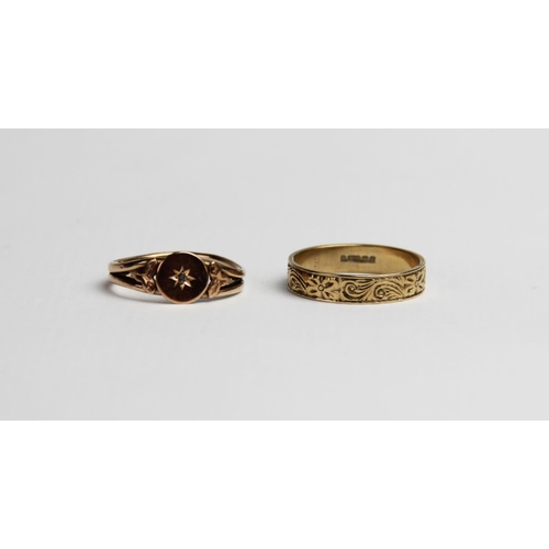 243 - A 9ct gold wedding band, with engraved foliate decoration to exterior, ring size M, together with a ... 