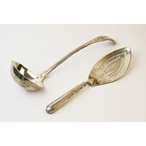 28 - A silver King's pattern ladle by Josiah Williams & Co, London 1901, 32cm long, weight 11.2ozt, toget... 