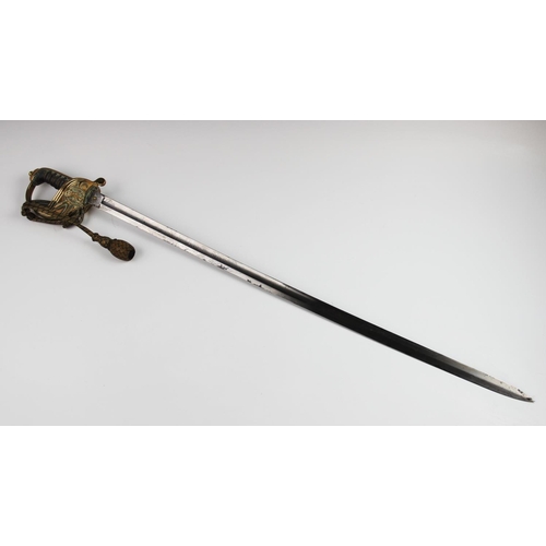 342 - A Naval officer's dress sword, 20th century, the 79.cm single edge curved fullered steel blade light... 