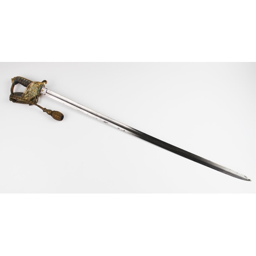 342 - A Naval officer's dress sword, 20th century, the 79.cm single edge curved fullered steel blade light... 