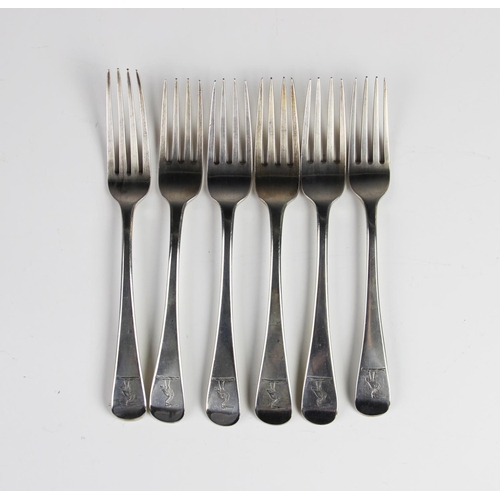 37 - Six George III silver forks by Thomas Wallis II, London 1803-6, each of plain polished form with her... 