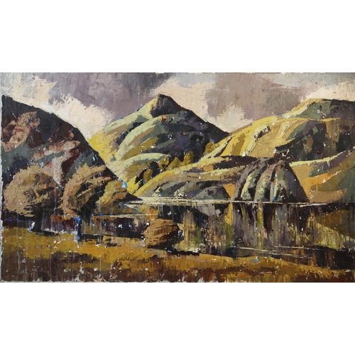 443 - Manner of Sir John 'Kyffin' Williams (1918-2006), 
Oil on linen,
Landscape with mountains and lake (... 
