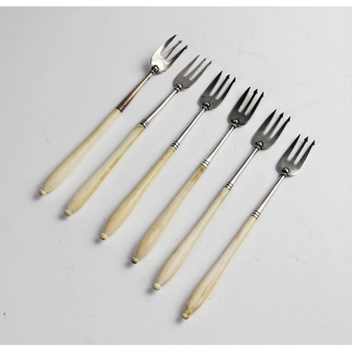 47 - Six silver ivory handled pickle forks, four by Chawner & Co, London 1857, two by Elkington & Co, She... 