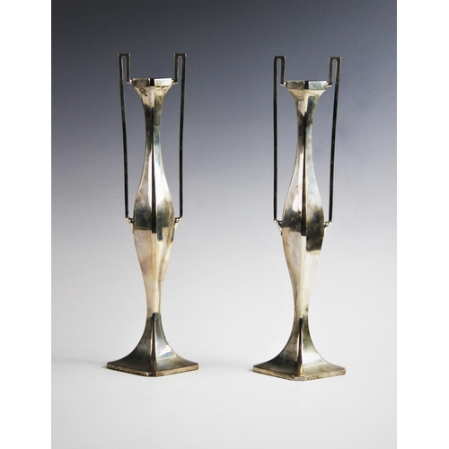 5 - A pair of Art Nouveau silver stem vases by James Deakin & Sons, Chester 1908, of plain polished face... 