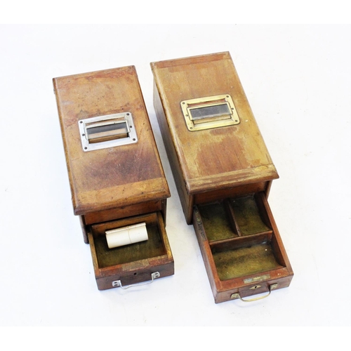 625 - Two vintage mahogany cash registers, of rectangular form with a single drawer and saucer bell chime,... 