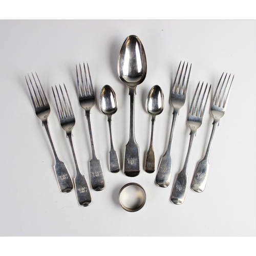 69 - Six fiddle pattern silver forks, four with marks London 1831, another with marks for London 1824, an... 