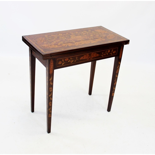 832 - A 19th century Dutch marquetry mahogany card table, the rectangular top inlaid with swept foliate de... 