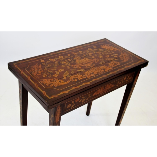 832 - A 19th century Dutch marquetry mahogany card table, the rectangular top inlaid with swept foliate de... 