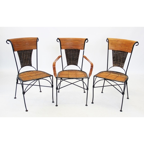 862 - A set of six wrought iron and bamboo patio/conservatory chairs, late 20th century, each with a slatt... 