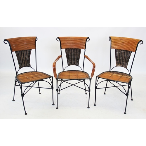 862 - A set of six wrought iron and bamboo patio/conservatory chairs, late 20th century, each with a slatt... 