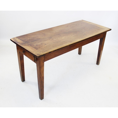 820 - A 19th century and later French fruitwood kitchen table, the rectangular twin plank top with cleated... 