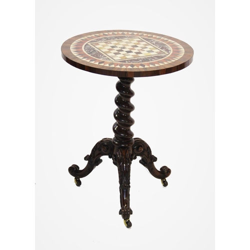 823 - A Victorian games table, 19th century, the pietra dura top laid as a chess board within a geometric ... 