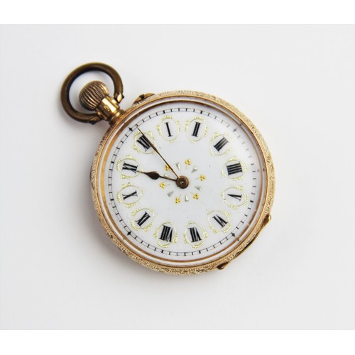 113 - A lady's continental 14ct gold fob watch, the round white dial with roman numerals and git decoratio... 