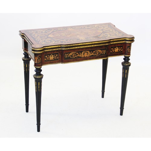 831 - A 19th century Italian marquetry and burr thuya folding card table, the rectangular top centred with... 