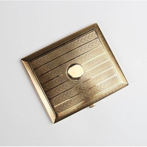 186 - An Art Deco 9ct gold cigarette case, of rectangular form with engine turned decoration to exterior a... 