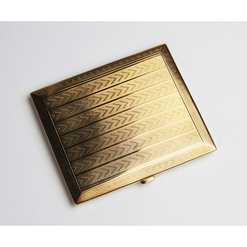 186 - An Art Deco 9ct gold cigarette case, of rectangular form with engine turned decoration to exterior a... 