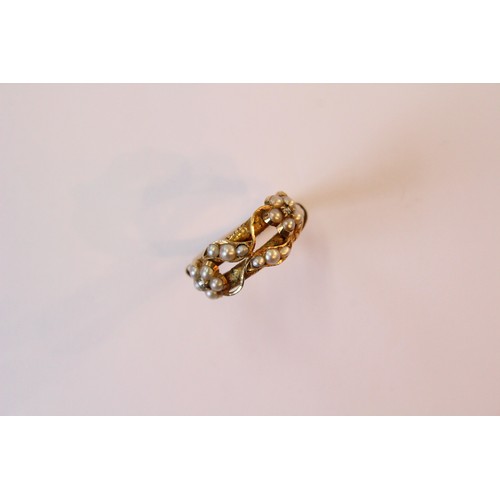 236 - A 19th century diamond and pearl Victorian memorial ring, designed as two interwoven flowers each se... 