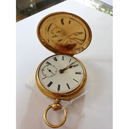 138 - An 18ct gold full hunter pocket watch, the round white enamelled dial with Roman numerals and subsid... 