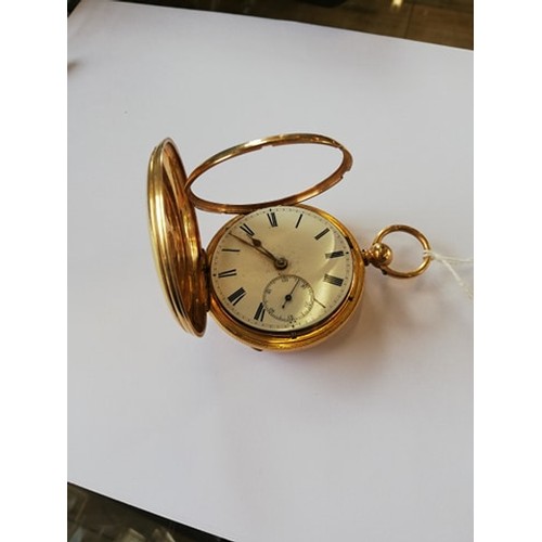 138 - An 18ct gold full hunter pocket watch, the round white enamelled dial with Roman numerals and subsid... 