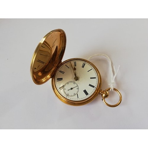 138 - An 18ct gold full hunter pocket watch, the round white enamelled dial with Roman numerals and subsid... 