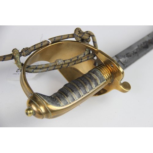 342 - A Naval officer's dress sword, 20th century, the 79.cm single edge curved fullered steel blade light... 