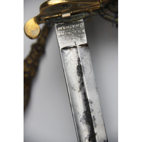 342 - A Naval officer's dress sword, 20th century, the 79.cm single edge curved fullered steel blade light... 