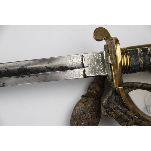 342 - A Naval officer's dress sword, 20th century, the 79.cm single edge curved fullered steel blade light... 