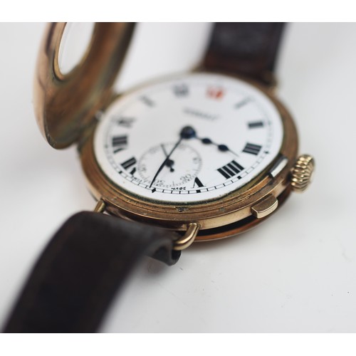 144 - A gent's vintage 9ct gold half hunter wristwatch by Russells Ltd, the round white enamel dial with R... 