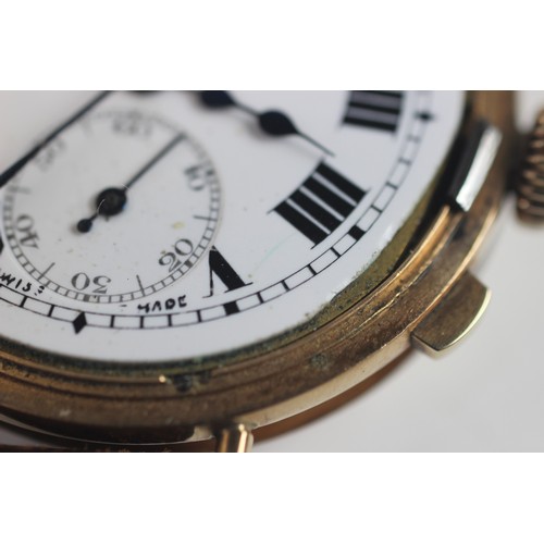 144 - A gent's vintage 9ct gold half hunter wristwatch by Russells Ltd, the round white enamel dial with R... 