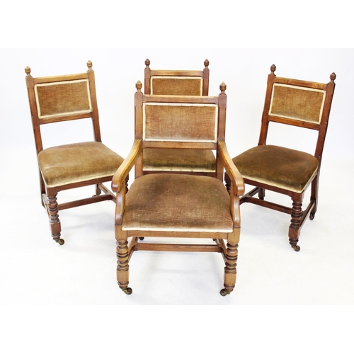 1010 - A set of eight late Victorian honey oak and upholstered dining chairs, each chair with turned finial... 