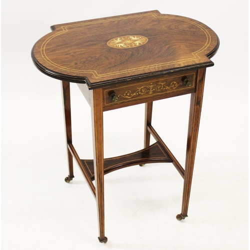 1022 - A late 19th century rosewood occasional table, the oval shaped top centred with an inlaid cartouche,... 