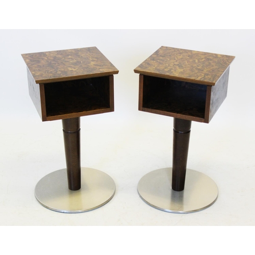 1046 - A pair of 1970's retro bedside/lamp tables, the square burr veneered tops above a rectangular vacant... 