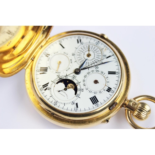 187 - An Edwardian 18ct gold full hunter calendar pocket watch by Sir John Bennett Ltd, the white dial wit... 