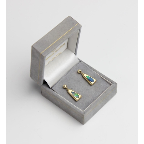 201 - A pair of 14ct gold opal set drop earrings, each designed as a tapered panel set with a teardrop sha... 