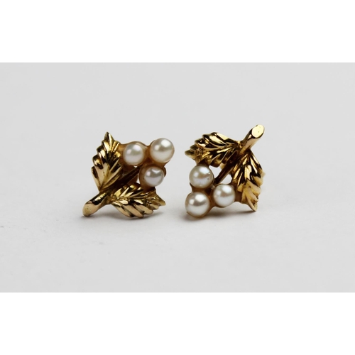 212 - A pair of 9ct gold floral sprig earrings, each designed as a flower set with three cultured pearls t... 