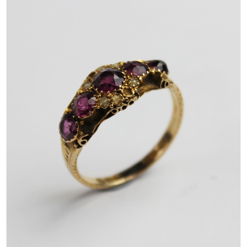 213 - A Victorian amethyst and pearl 15ct gold ring, comprising five graduated mixed cut amethysts (measur... 