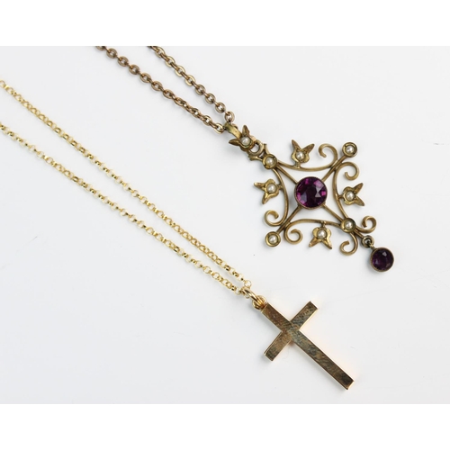 229 - A 9ct gold cross pendant by 'WJP', Birmingham 1991, measuring 23mm x 14mm, set to a 9ct gold curb li... 