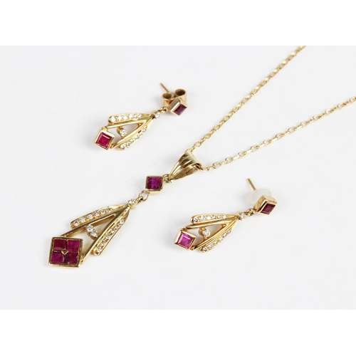 296 - A ruby and diamond pendant and earring suite, the pendant comprising five square step cut rubies and... 