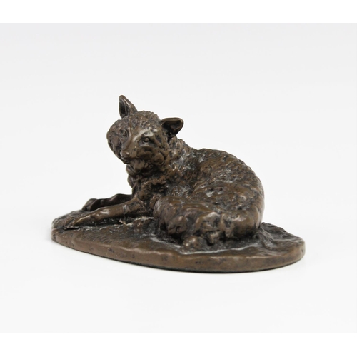 350 - After Pierre Jules Mene (1810-1879), a patinated bronze model of a fox, modelled recumbent with head... 