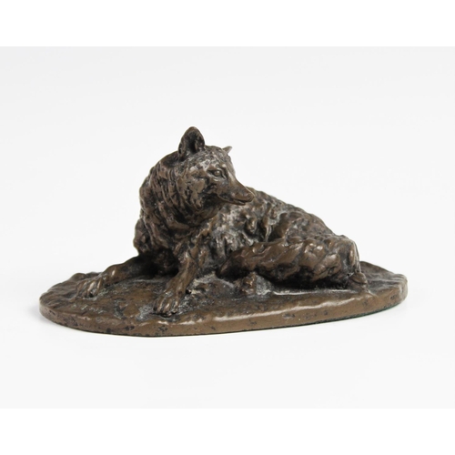 350 - After Pierre Jules Mene (1810-1879), a patinated bronze model of a fox, modelled recumbent with head... 