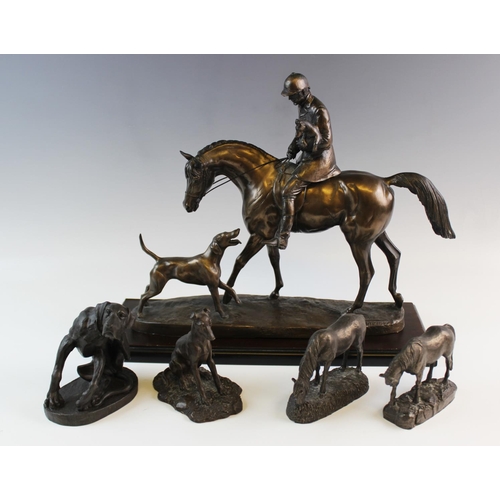 351 - After David Geenty (British, 20th century), a bronze patinated resin model of a mounted huntsman hol... 