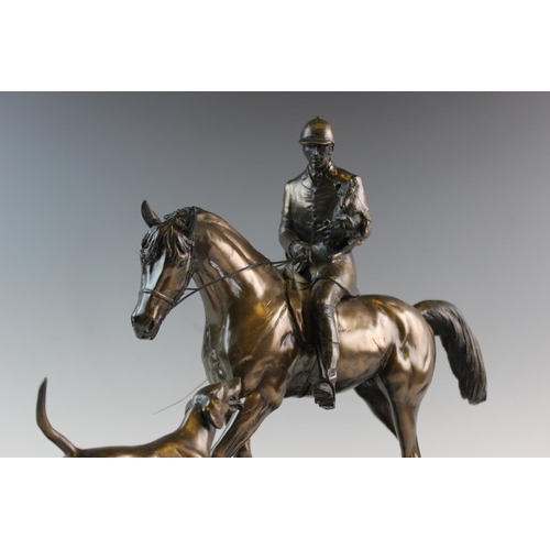 351 - After David Geenty (British, 20th century), a bronze patinated resin model of a mounted huntsman hol... 