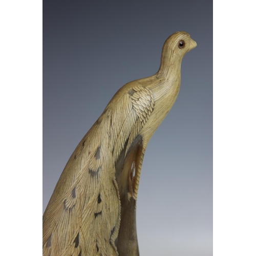 374 - A carved bovine horn, in the form of a peacock on a tree stump, tapering to the oval wooden plinth, ... 