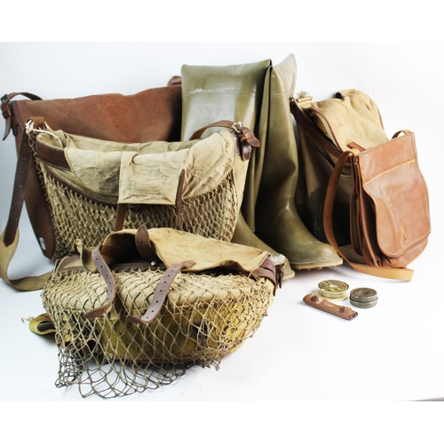 479 - A collection of four assorted vintage angling bags and fishing equipment, leather and canvas, along ... 