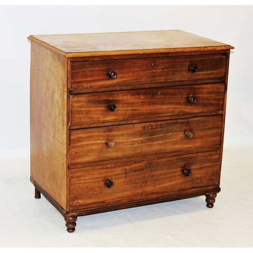 968 - A mid 19th century mahogany chest of drawers, the rectangular thumb moulded top above four graduated... 