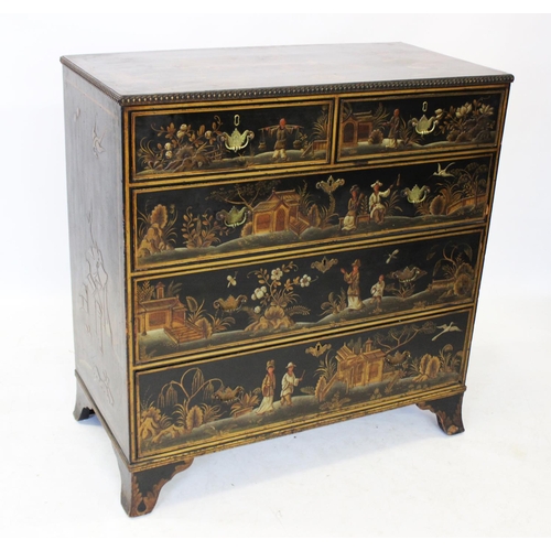 995 - A 19th century and later noire chinoiserie chest of drawers, the top, sides and front adorned with g... 